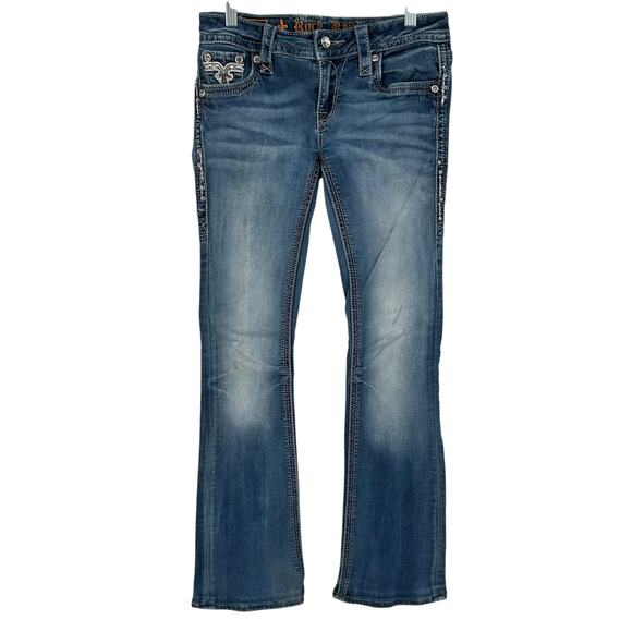 VTG y2k Women's Low Rise Rock Revival Medium Wash Blue Denim Betty Bootcut Jeans - Picture 2 of 9
